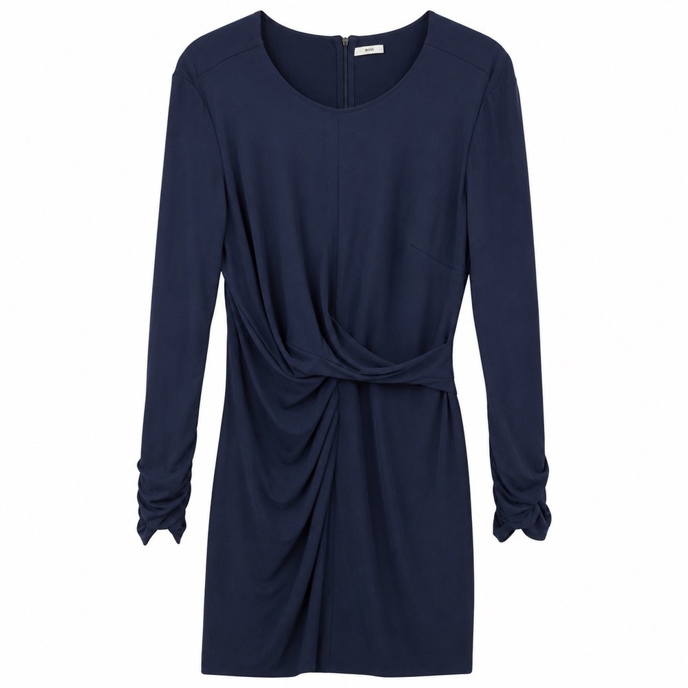 Elie Tahari Navy Draped Midi Dress Women's M | Elegant Ruched 3/4 Sleeve